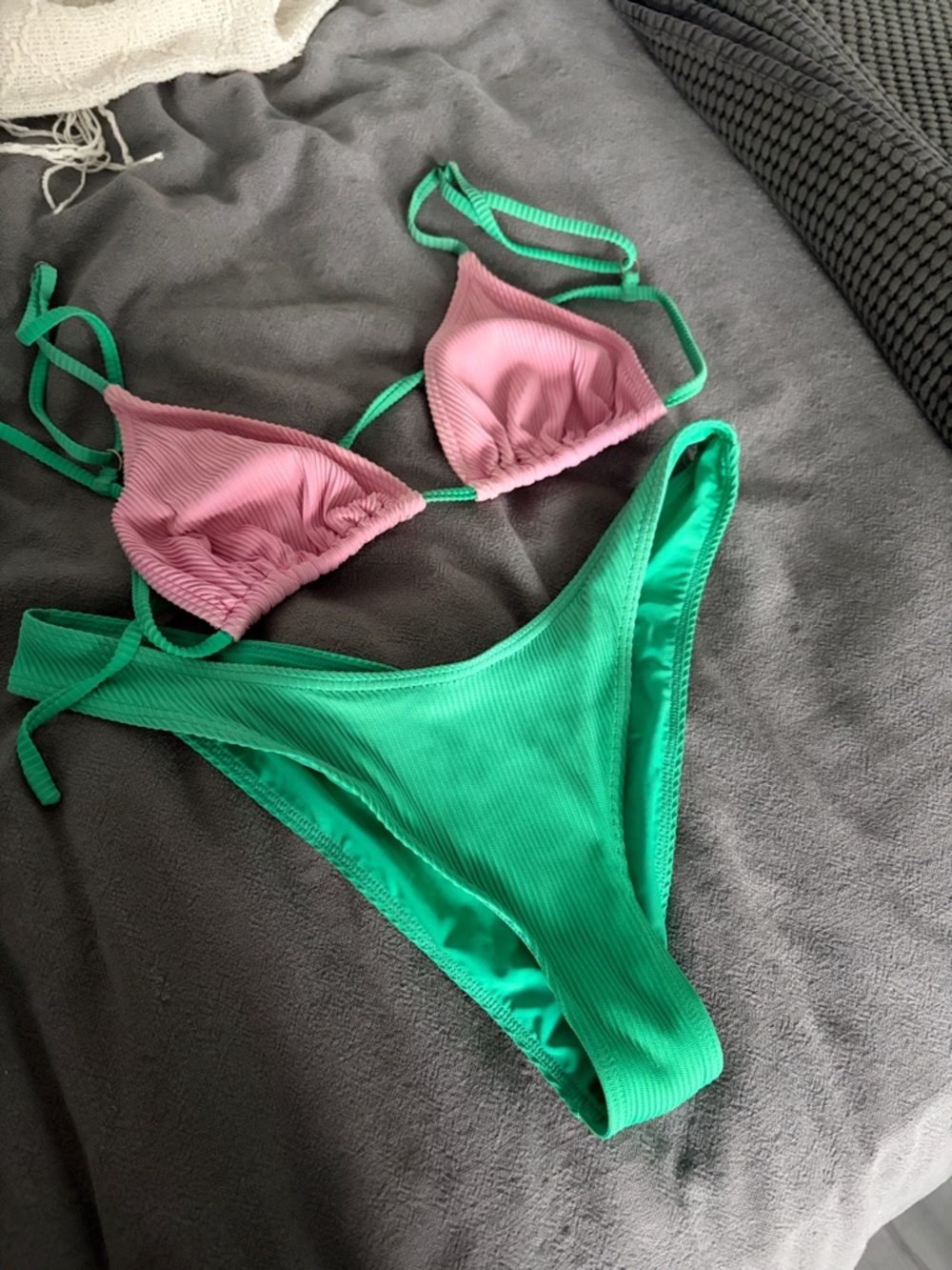 Pink Triangle Top & Green Bikini Bottom Two-Piece Swim Set